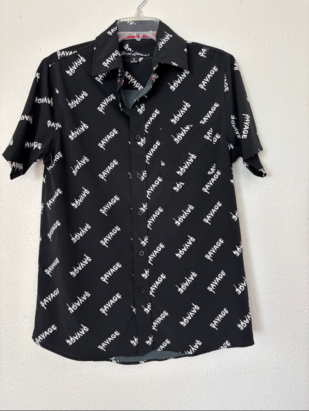 SAVAGE Black and White Short-Sleeve Button-Down Casual Attitude Shirt